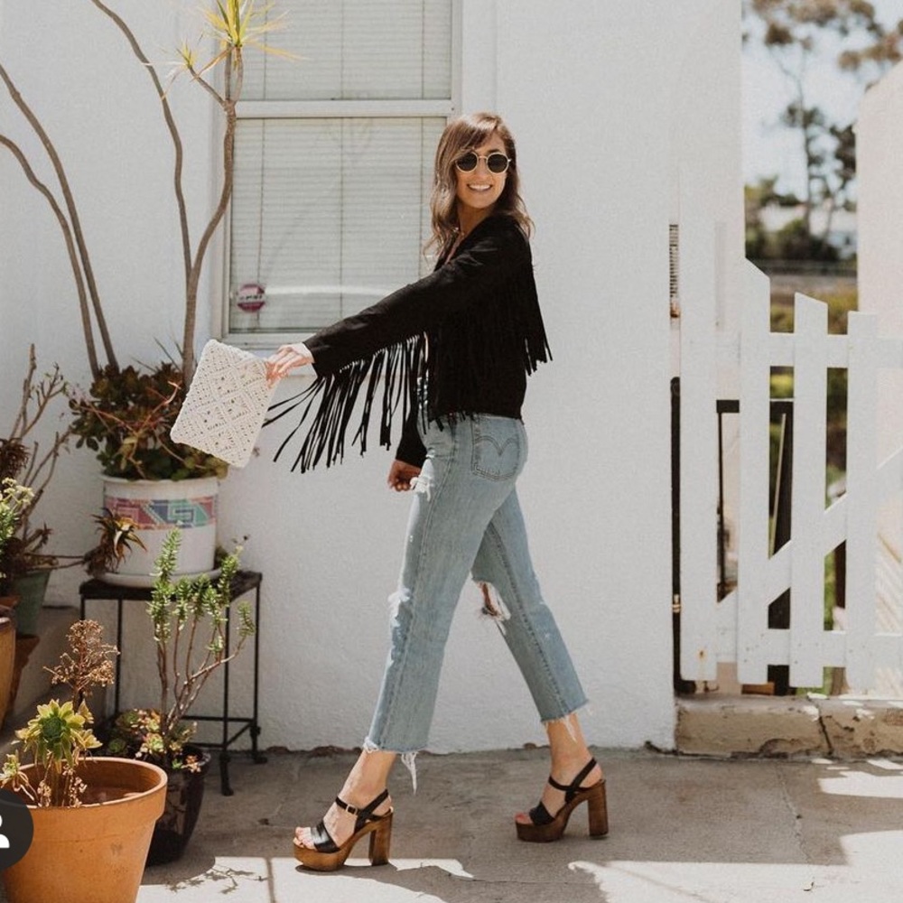 Black suede fringe jacket. XS